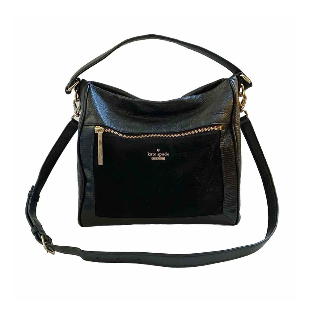KATE SPADE black leather front zip suede square detail top handle satchel bag